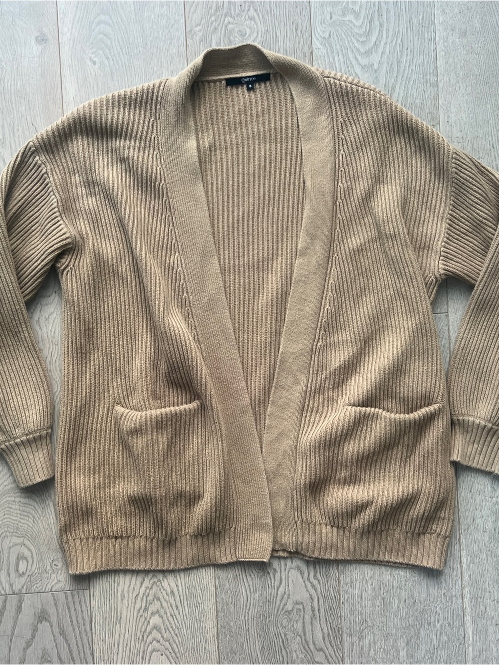Quince Women’s Size S Organic Cotton Ribbed Open-Front Cardigan in Camel